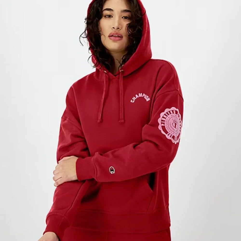 Champion Hoodie Top S Red Relaxed Fit Patch Logo Pullover Sweatshirt Pocket New
